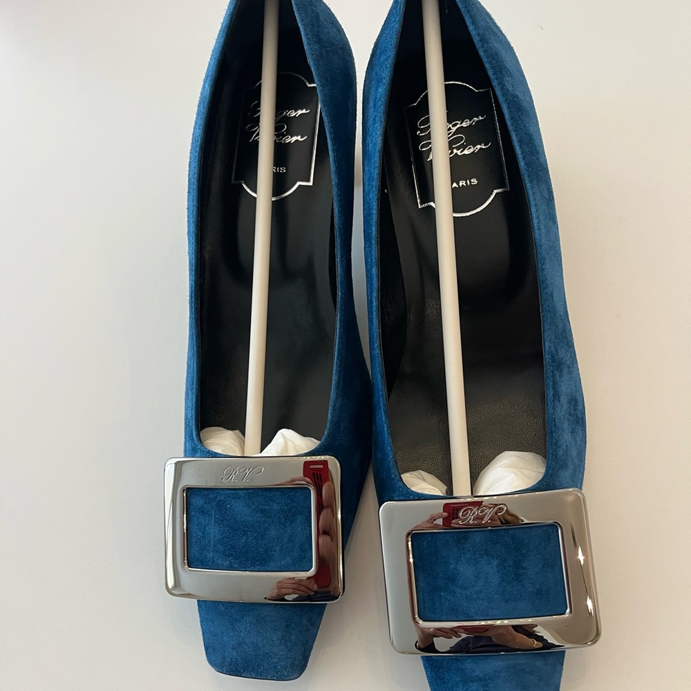 Roger Vivier Teal Blue Suede Women's Shoes w/ Silver Buckle 45mm box &dustcloth